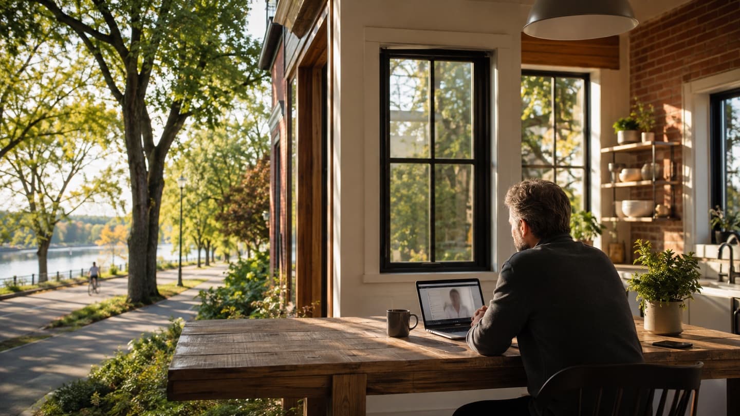 Adult using a laptop in a bright Drummondville home beside a tree-lined riverside path