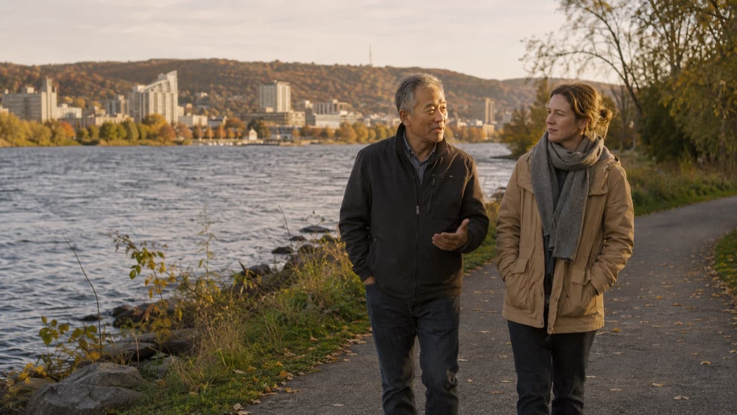 People walking along the Ottawa River with Gatineau and its hills in view
