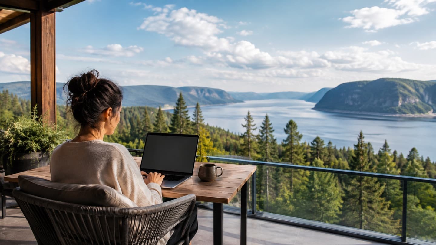 Adult using a laptop on a terrace overlooking the forested Saguenay landscape