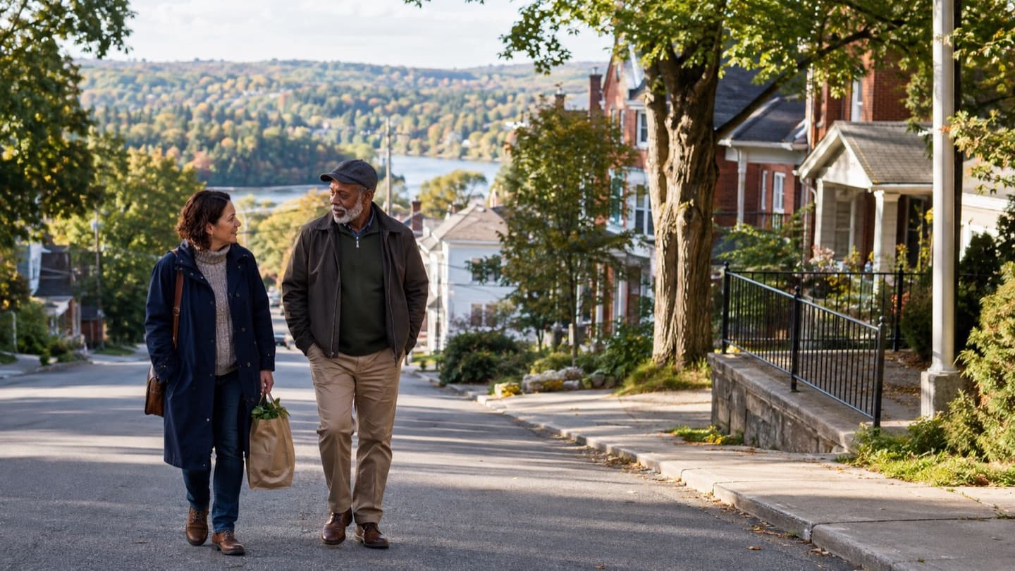 People walking on a tree-lined hillside street overlooking Sherbrooke