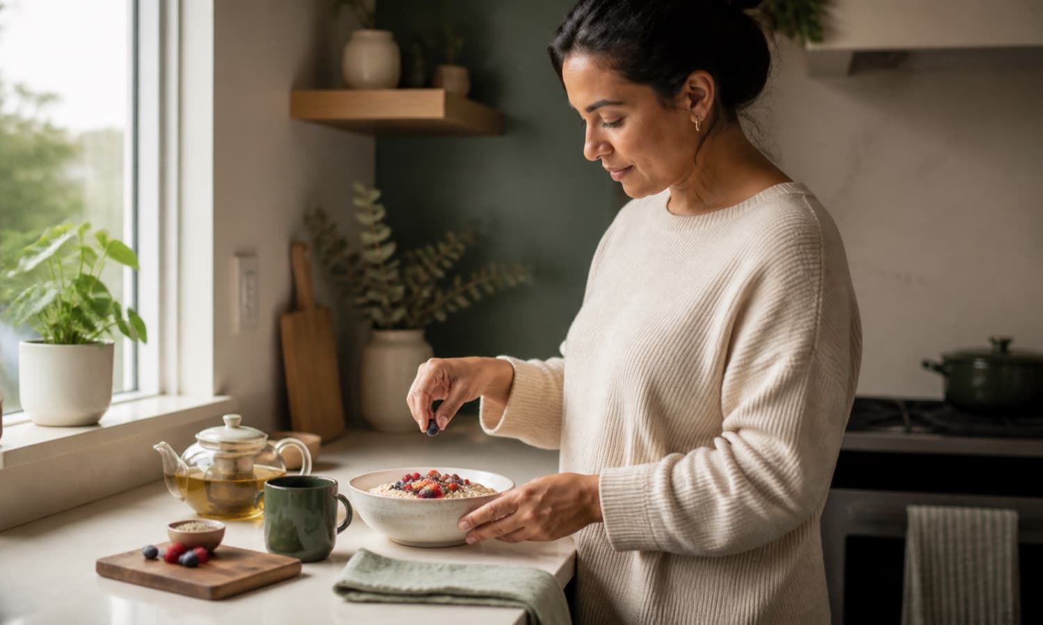 An adult prepares oatmeal, berries and tea in a calm home kitchen.