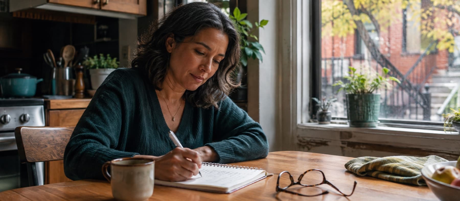 Midlife adult writing health questions at a lived-in Montreal kitchen table