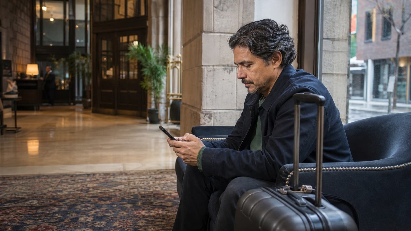 Adult traveller with luggage using a phone in a bright Quebec hotel lobby