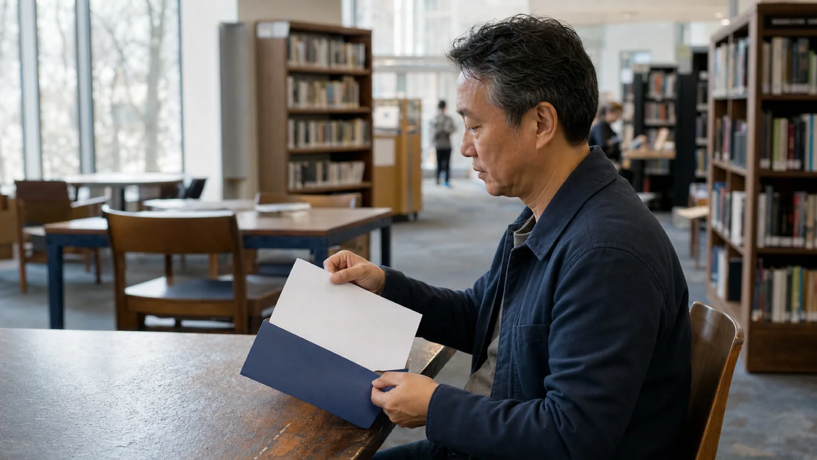 A middle-aged man organizes an unmarked lab requisition in a blue folder at a Montréal public library before an appointment.