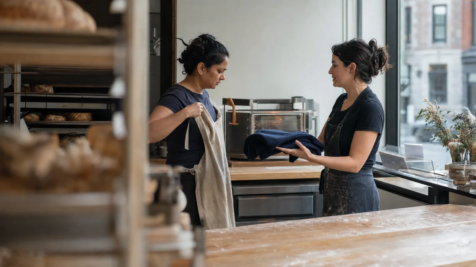 Two bakery coworkers speak quietly in profile as one removes her apron before leaving work early in Montréal.