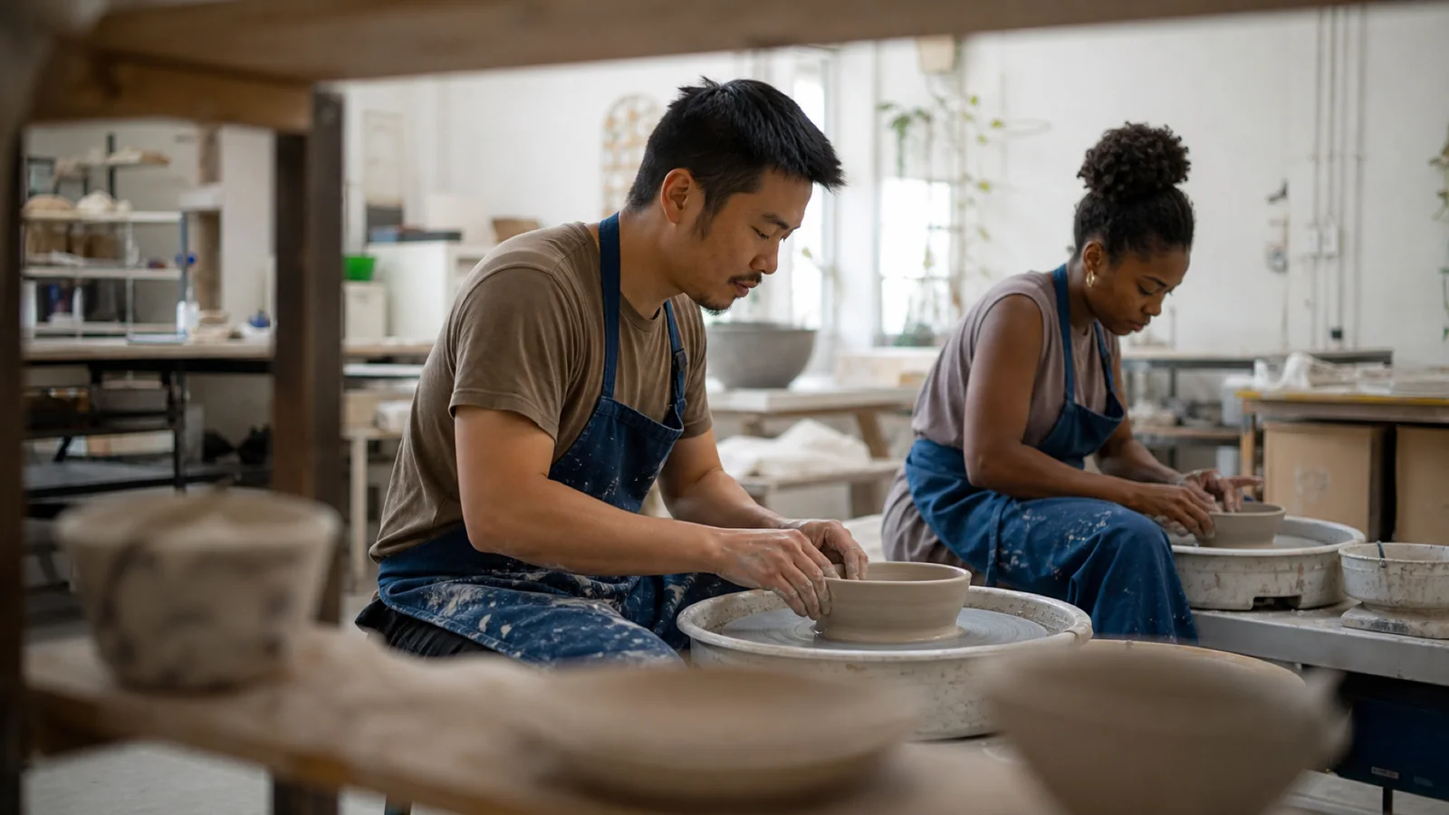 Two adults work side by side in a Montréal community pottery studio.