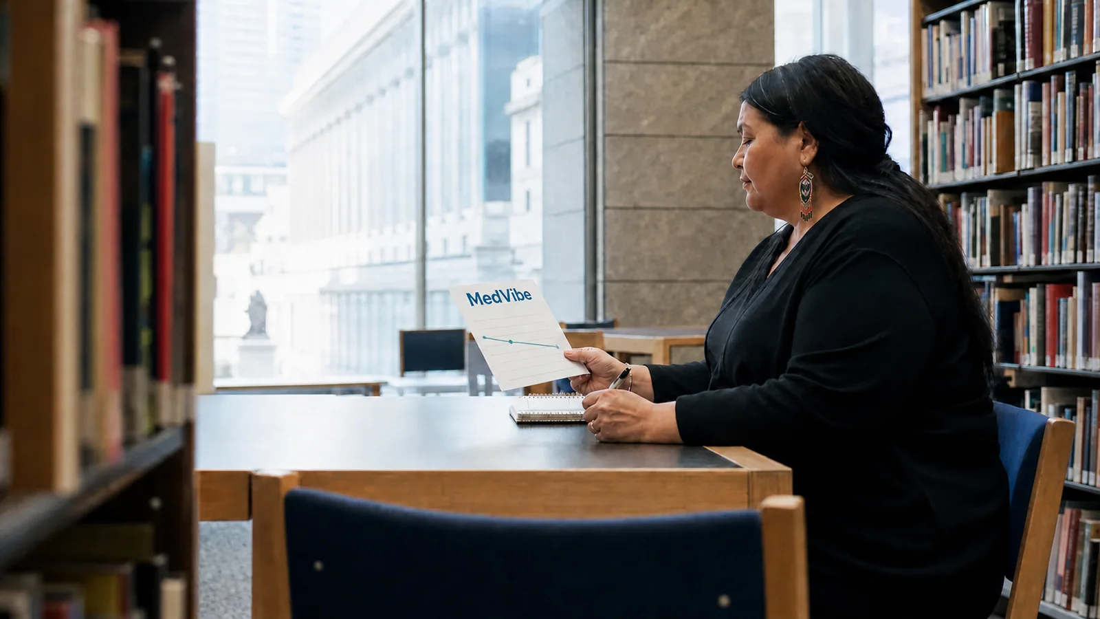 A woman holds a MedVibe weight-management graph at a Montréal public library.