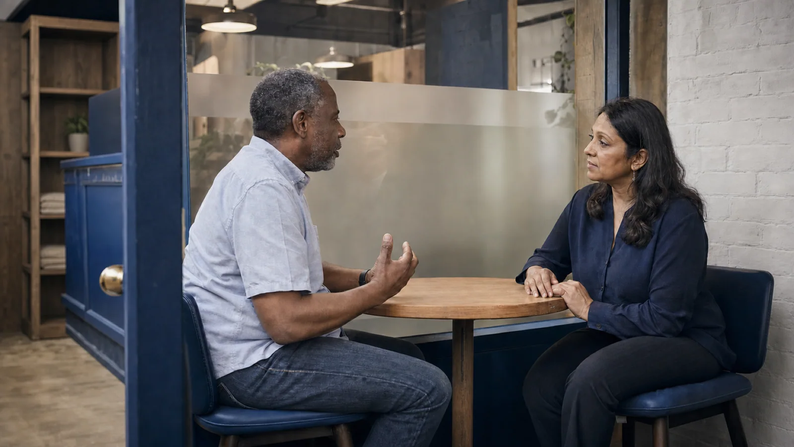 A patient speaks with a pharmacist in a private consultation area at a Toronto neighbourhood pharmacy.