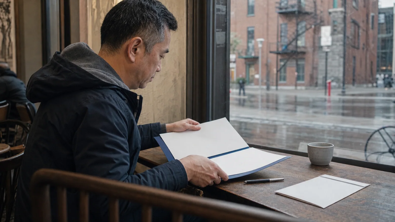 A middle-aged man reviews blank forms in a blue folder at a Montréal neighbourhood café on a rainy morning.