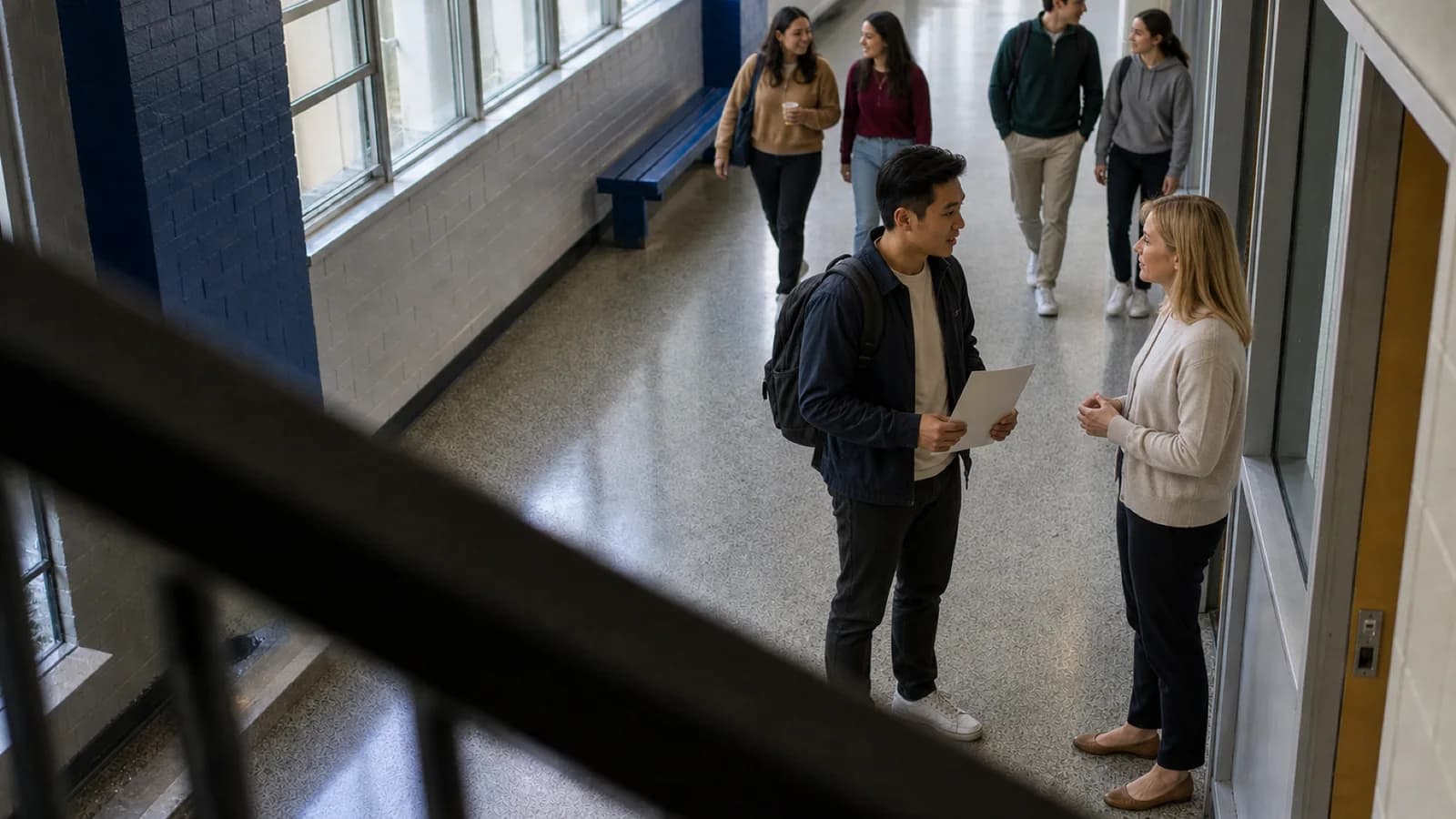 A university student with a backpack holds a note while speaking with a teacher in an Ontario campus hallway.