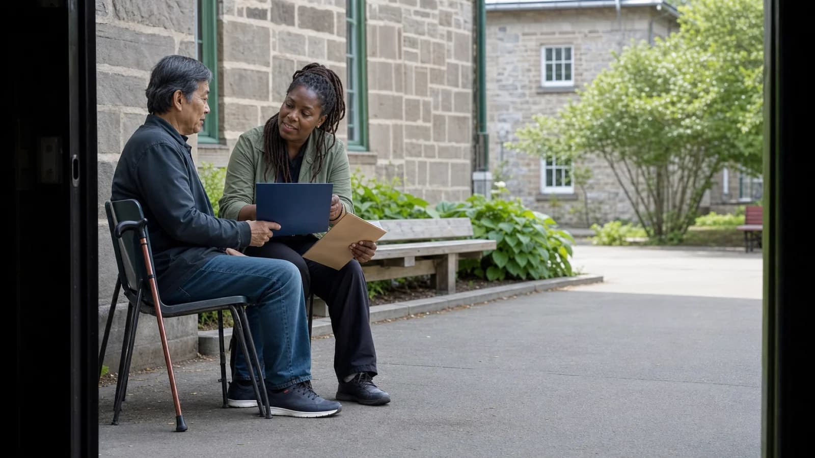 A Quebec City resident reviews an unmarked insurance folder with a community navigator in a public courtyard.
