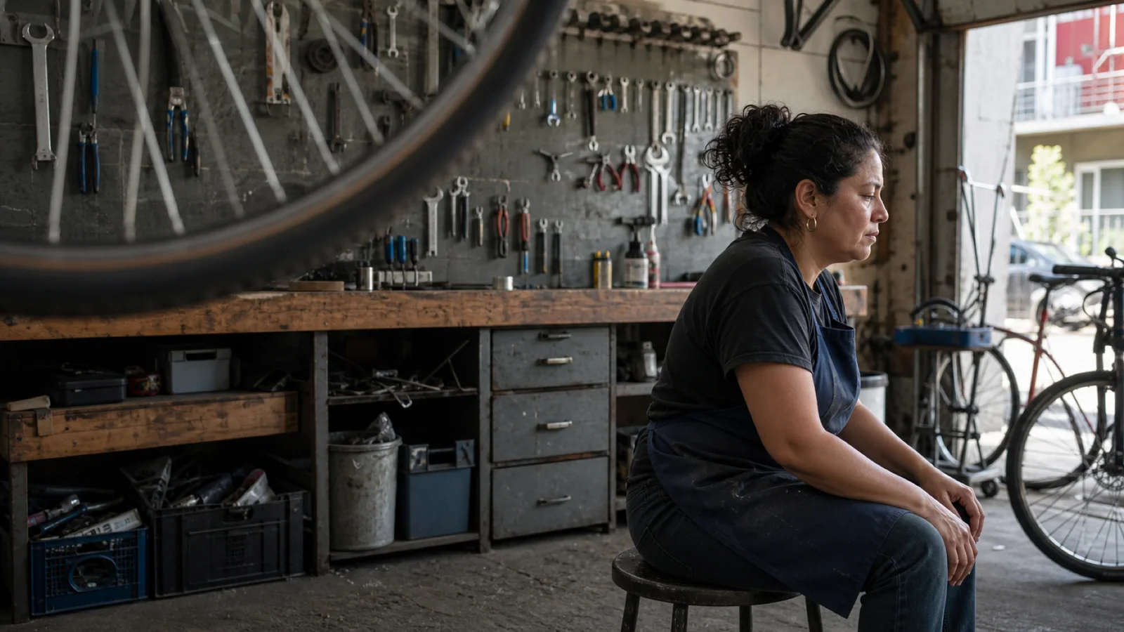 A bicycle mechanic takes a thoughtful pause in a daylight-filled Montréal cooperative workshop.