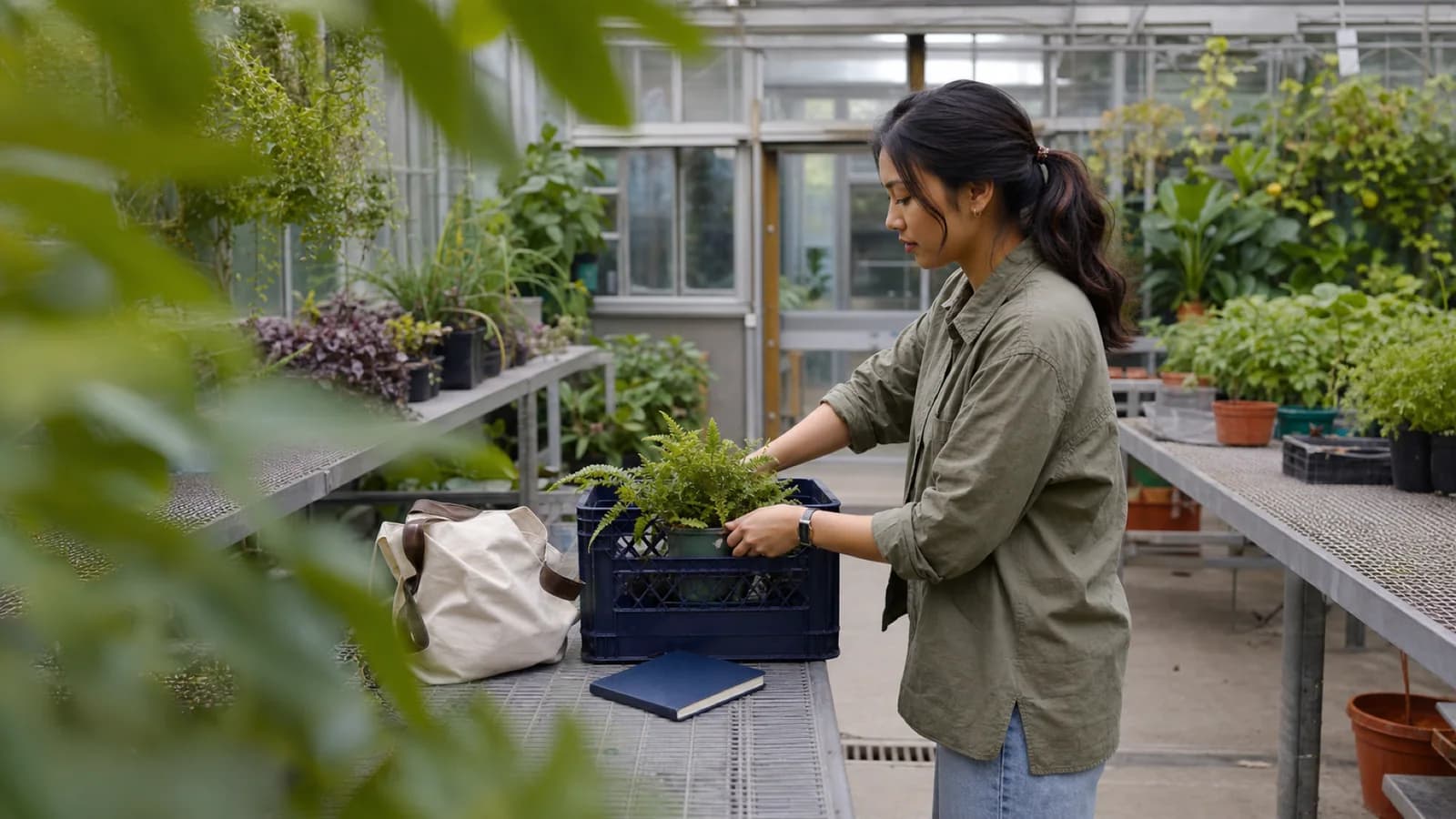 A graduate student settles a fern into a reusable crate inside a public teaching greenhouse on an Ontario campus.