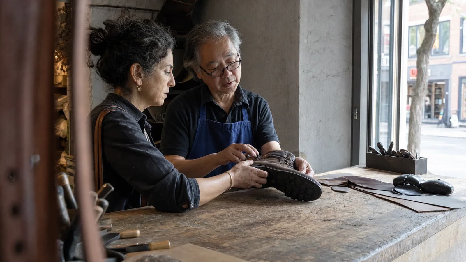 In a Montréal neighbourhood shoe-repair shop, a customer and craftsperson compare a boot sole before choosing a repair.