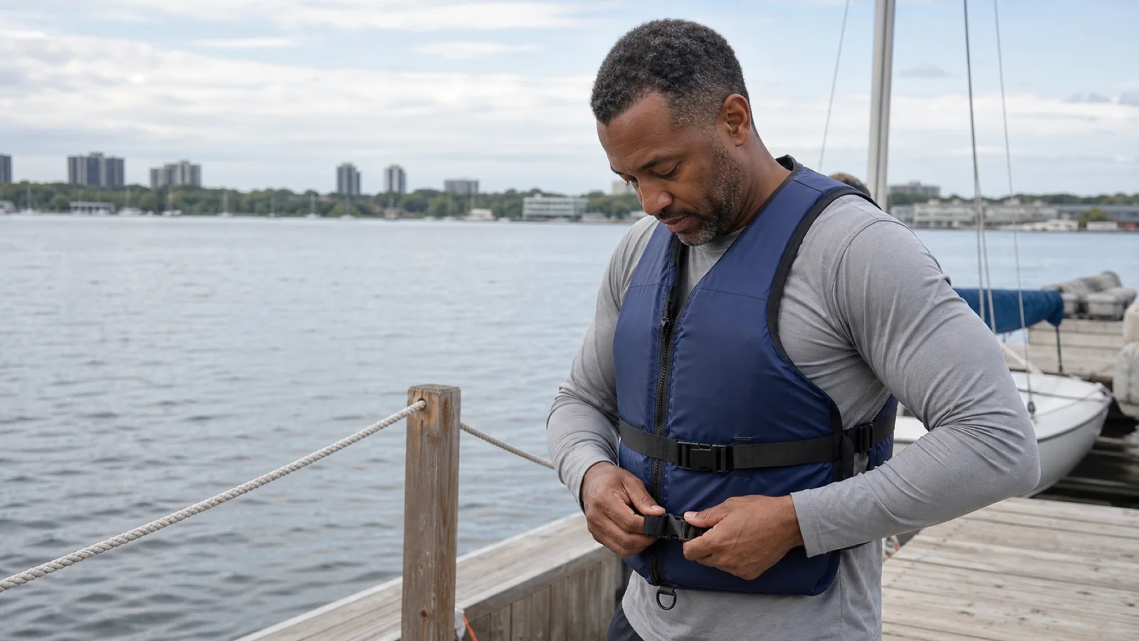 A man adjusts his blue life jacket on a community sailing dock at the Toronto waterfront.