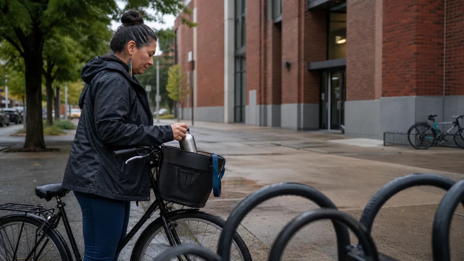A Quebec woman puts a reusable bottle into her bicycle basket outside a Montreal community sports complex after rain.