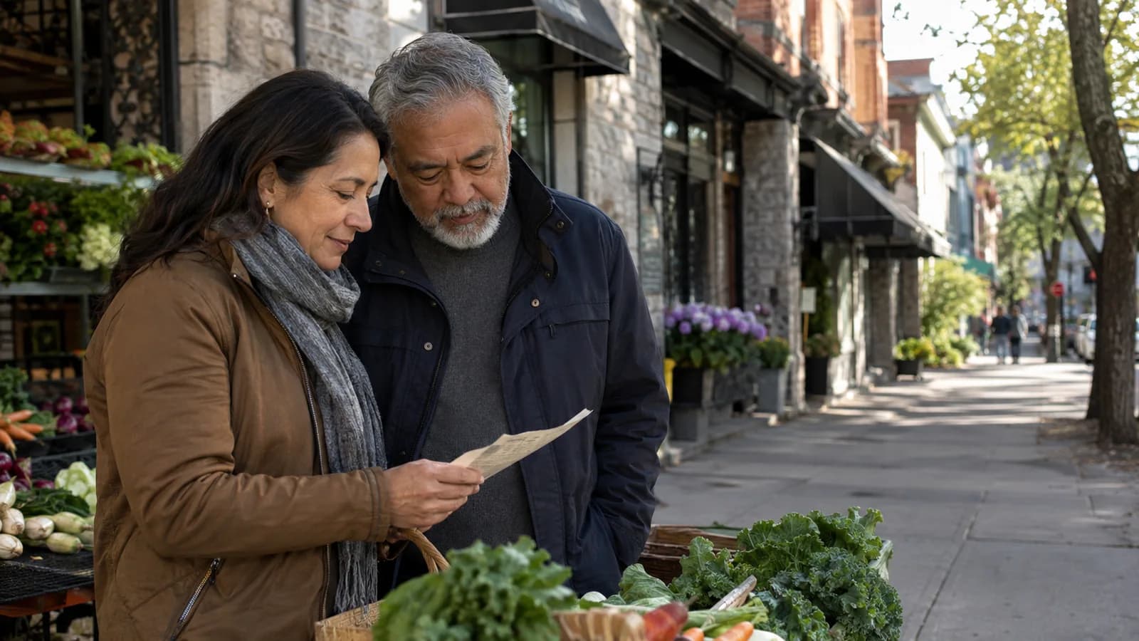 Two adults calmly consult a shopping list beside a Montréal neighbourhood market.