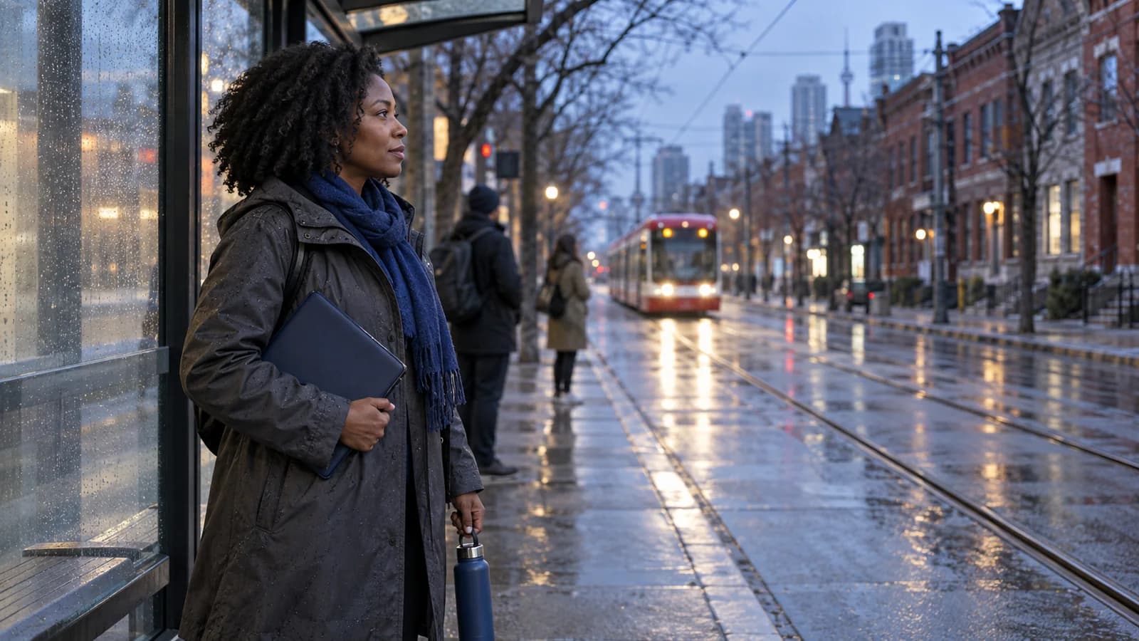 At a Toronto streetcar stop after rain, a woman in her forties in natural three-quarter profile holds a closed blue document folder and water bottle before a blood-test