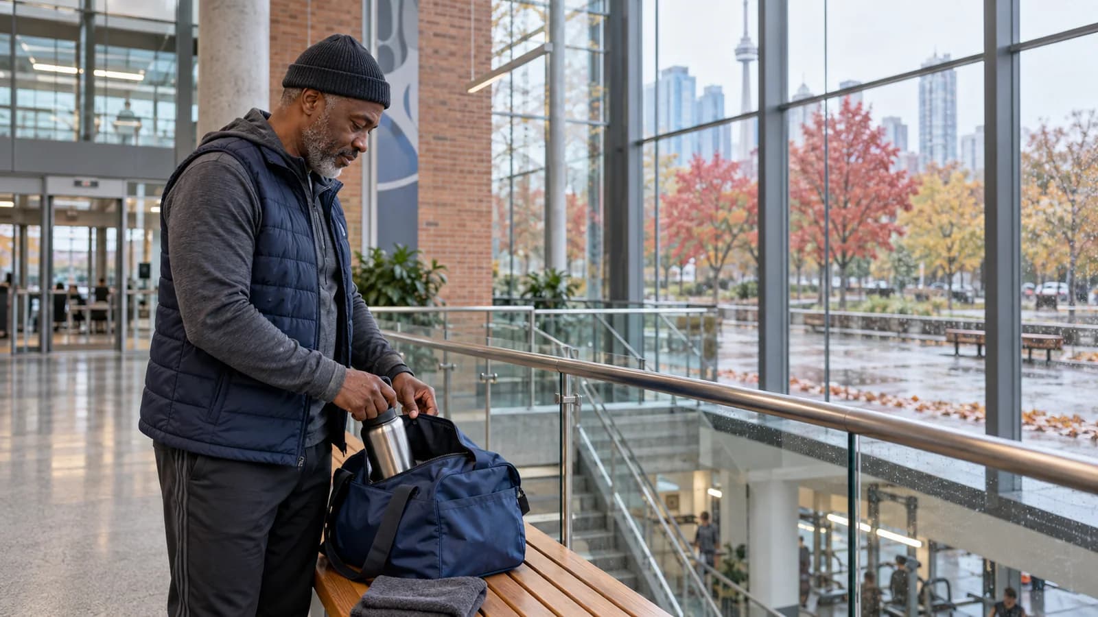 In the atrium of a Toronto recreation centre, a Black man in his fifties in natural three-quarter profile places a reusable bottle in a blue gym bag before an indoor walk.