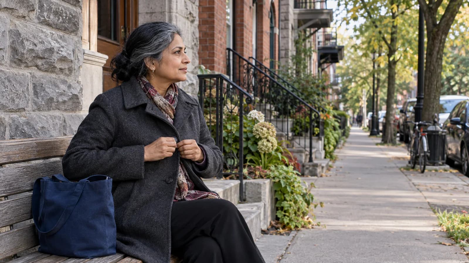 À Montréal, une femme d’une cinquantaine d’années assise sur un banc devant un bâtiment de quartier boutonne son manteau de profil, un sac de toile bleu à côté d’elle.